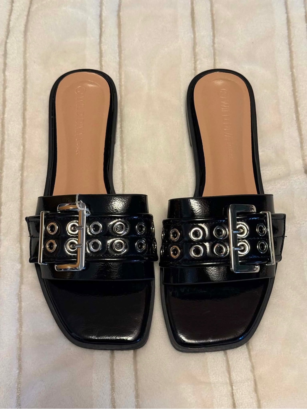 Black Grommet Buckle Slide Sandals